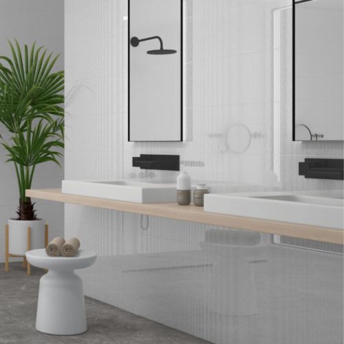 Baldosa blanca con relieve para paredes de baños en acabado brillo Sun Relieve Dunas 25×75