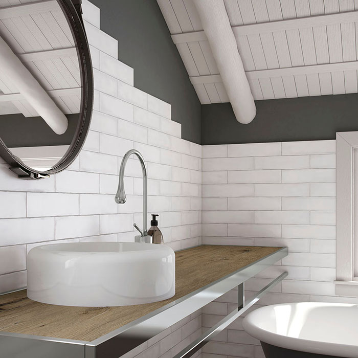baño rustico con azulejo metro blanco Colonial White
