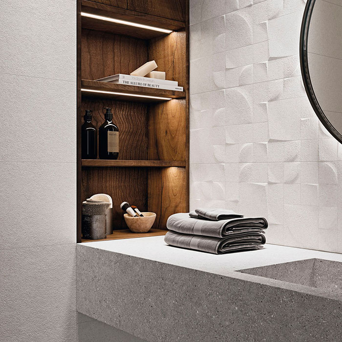 azulejo cemento con relieve color beige para baños KONE KEPLER SAND 30X90